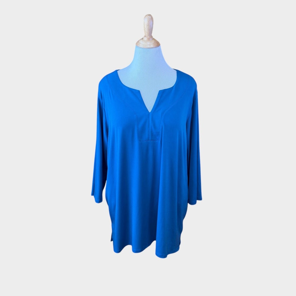 Susan Graver Liquid Knit Tunic Top Blue Notched Neck 3/4 Sleeve Plus Size 2X